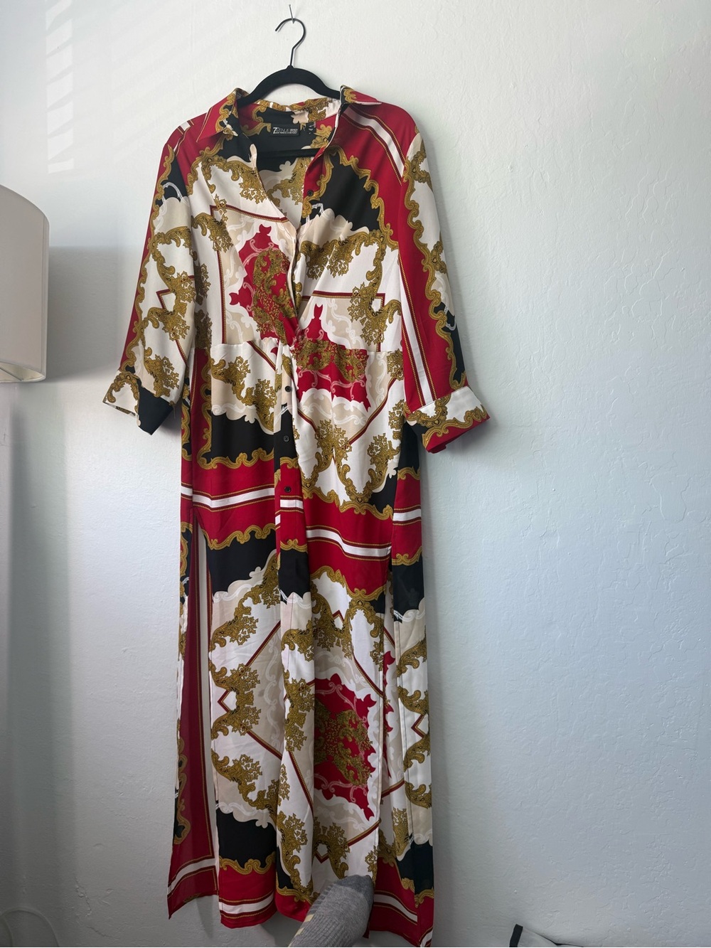 Red, Black & Cream Baroque Print Maxi Shirt Dress
